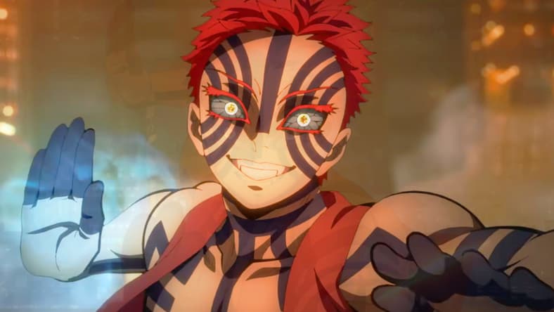 Akaza (Akira Ishida/Lucien Dodge) toys with Tanjiro (Natsuki Hanae/Zach Aguilar) and Giyu (Takahiro Sakurai/Johnny Yong Bosch) in Demon Slayer: Kimetsu no Yaiba – The Movie: Infinity Castle (2025), ufotable