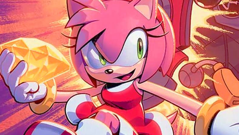 Amy Rose wins back a Chaos Emerald via Amy Rose (Card #2083), Magic: The Gathering - Secret Lair x Sonic: Friends & Foes (2025), Wizards of the Coast. Art by Evan Stanley.