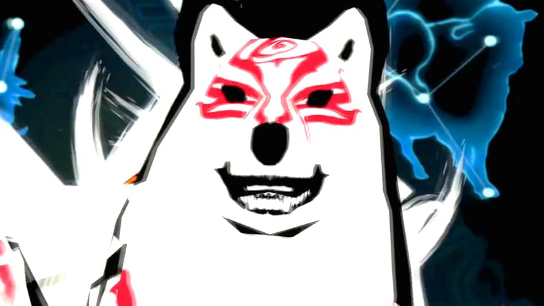 Amaterasu (N/A) stands ready to battle Yami for the fate of all reality in Ōkami (2006), Capcom