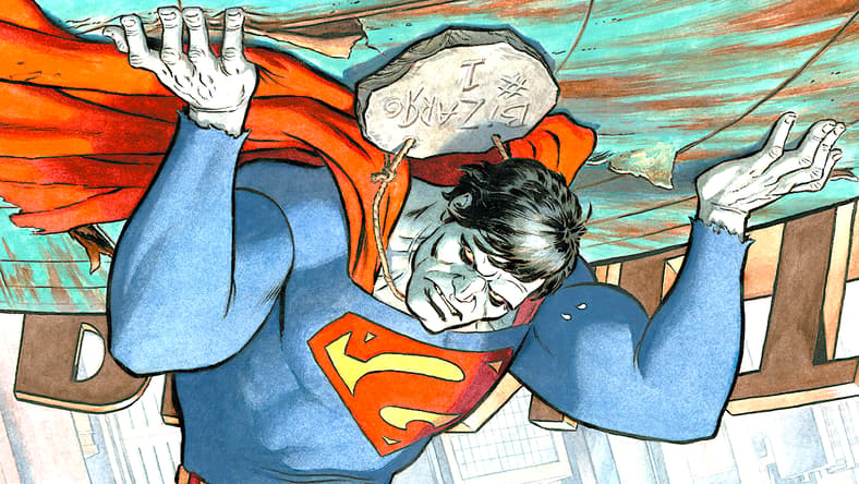 Bizarro holds the world on his shoulders on Paolo Rivera's variant cover to Action Comics Vol.1 Issue #1061 "I, Bizarro Part One" (2024), DC Comics