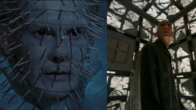 Doug Bradley as Hell Priest in Hellraiser III: Hell on Earth (1992), Miramax Films; Julian Richings is the first victim in Cube (1997), Trimark Pictures