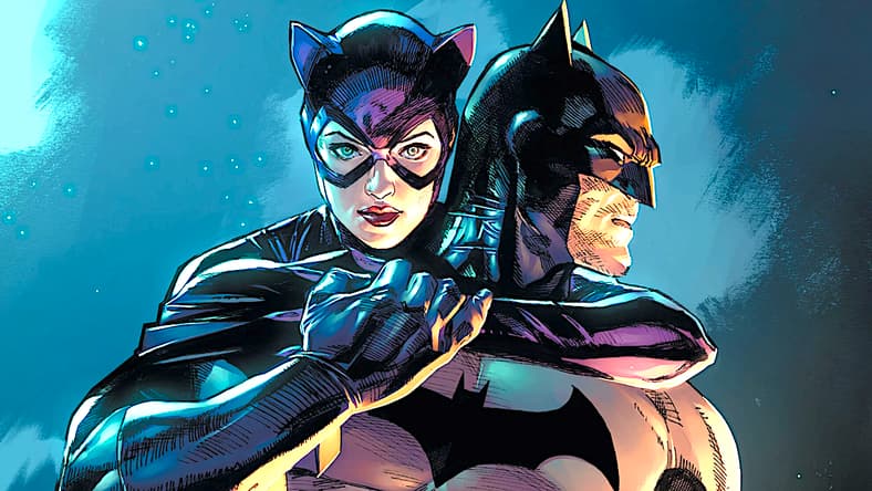 Catwoman holding Batman in a romantic choke hold on Clay Mann and Tomeu Morey's cover to Batman/Catwoman Vol.1 Issue #1 "The Bat & The Cat, Chapter 1: Silent Night" (2021), DC Comics