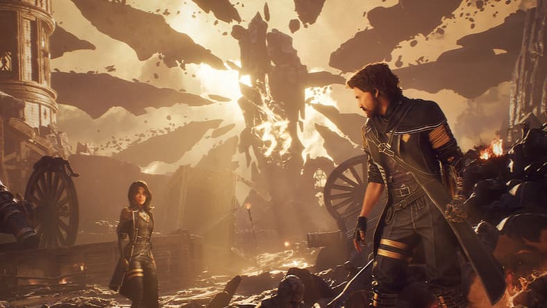 Gustave (Maxence Cazorla) and Lune (Estelle Darnault) stand before the monolith in Clair Obscur: Expedition 33 (2025), Kepler Interactive