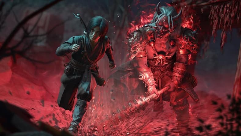 Naoe (Masumi Tsunoda) flees from a monstrous Oni from Dead by Daylight in Assassin's Creed Shadows (2025), Ubisoft