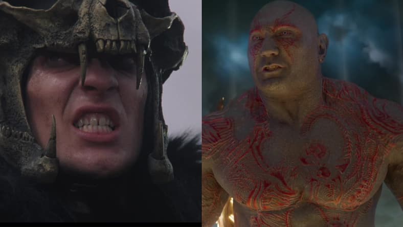 The Kurgan (Clancy Brown) in HIghlander (1986), Studiocanal, and Drax (Dave Bautista) in Guardians of the Galaxy Vol. 2 (2017), Marvel Studios