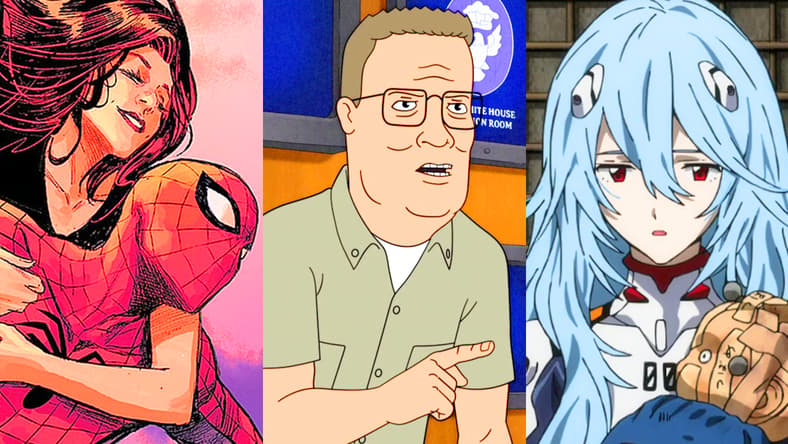 Mary-Jane and Peter take to the skies of New York City in Ultimate Spider-Man Vol. 1 #1 (2024), Marvel Comics. Words by Jonathan Hickman, art by Marco Checchetto, Matthew Wilson, and Cory Petit. / Hank Hill (Mike Judge) has no time for 'Obama Birth Certifcate' nonsense in King of the Hill Season 14 Episode 3 "Chore Money Chore Problems" (2025), Disney/Hulu / Rei Ayanami (Megumi Hayashibara) is happy with non-existence in 3.0+1.0 Thrice Upon a Time (2021), Studio Khara