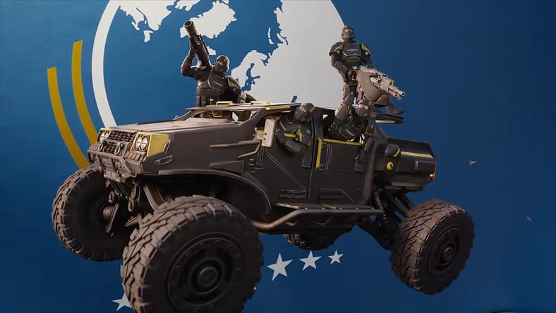 Helldivers ride an FRV, backed by Super Earth's flag in Helldivers 2 (2024), Sony Interactive Entertainment