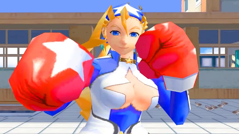 Tiffany Lords (Miki Narahashi) saves Hinata (Tomoe Hanba) stands victorious over Kurow (Bin Shimada) in Project Justice: Rival Schools 2 (2000), Capcom