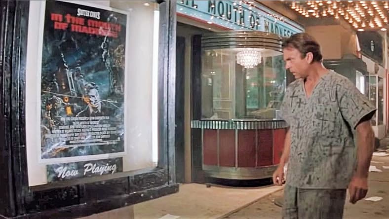 John Trent (Sam Neill) sees the poster for the film he is in, in In The Mouth of Madness (1995), New Line Cinema