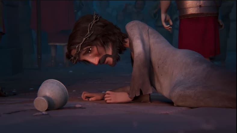 Jesus (voiced by Oscar Isaac) falls down after being hit by Roman soldiers in The King of Kings (2025), Mofac studios