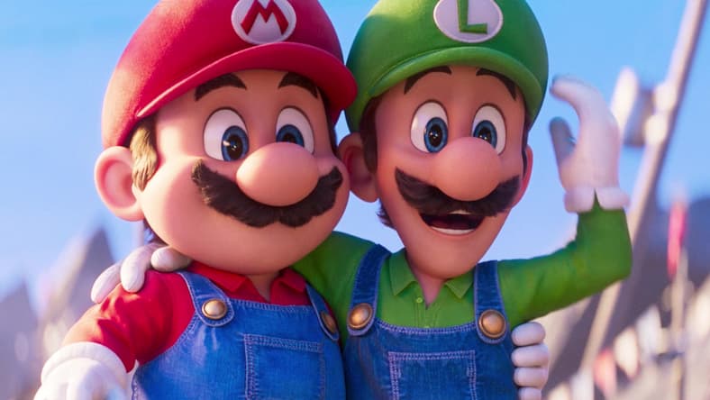 Mario (Chris Pratt) and Luigi (Charlie Day) bask in cheers after saving the day in The Super Mario Bros. Movie (2023), Illumination Entertainment