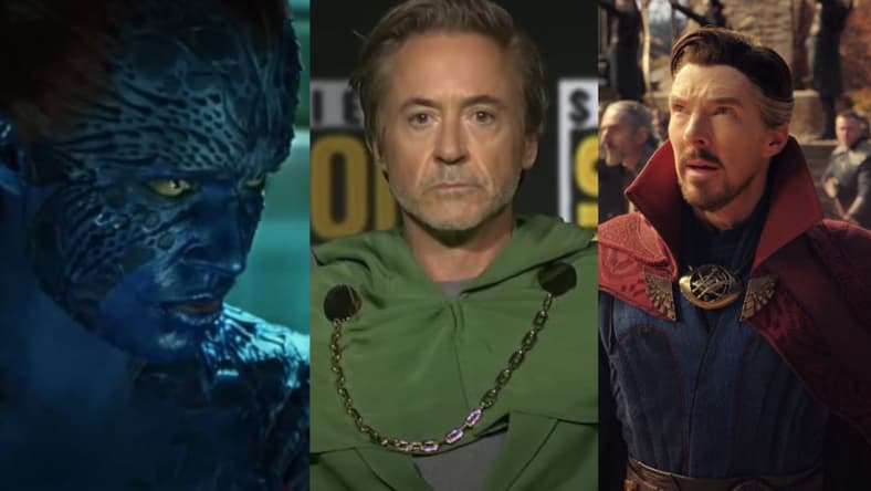 L to R: Mystique (Rebecca Romijn) Imitates Richard Nixon to access classified computer files in X-Men Apocalypse, 20th Century Studios, Robert Downey Jr. Revealed as Dr. Doom at Comic Con 2024, Screenshot via Attractions Magazine, Youtube, Doctor Strange (Benedict Cumberbatch) checks in on America's (Xochitl Gomez) training at Kamar-Taj in Doctor Strange in the Multiverse of Madness (2022), Marvel Entertainment