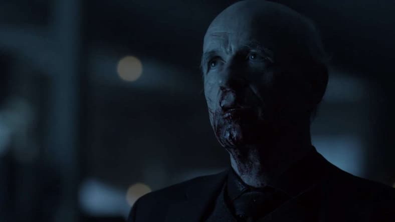 Pallid Man (Tom Noonan) shows that he's not afraid of a few love taps in 12 Monkeys Season 2 Episode 9 ''Hyena'' (2016), SyFy