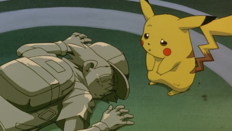 Pikachu (Ikue Ôtani) looks over a petrified Ash (Rica Matsumoto) in Pokémon: The First Movie (1998), Warner Bros. Pictures