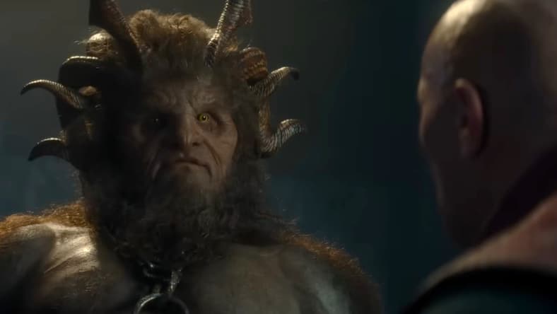 Krampus (Kristofer Hivju) and Callum Drift (Dwayne Johnson) facing off in Red One (2024), Amazon MGM Studios