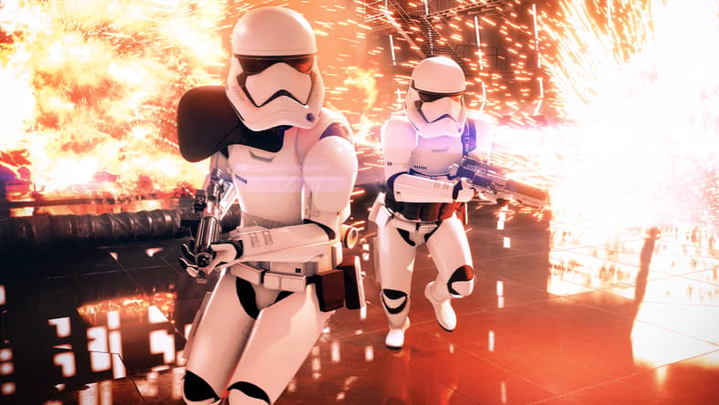 First Order Stormtroopers run through explosions in Star Wars Battlefront II (2017), Electronic Arts