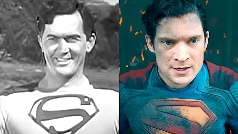 Bullets are no match for The Man of Steel (Kirk Alyn) in Superman Chapter 05 "A Job for Superman!"(1948), Columbia Pictures / Superman (David Corenswet) tanks a laser blast to the face from the Hammer of Boravia (TBA) in Superman (2025), DC Studios