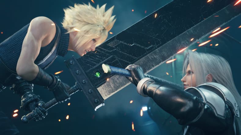Cloud Strife (Takahiro Sakurai) and Sephiroth (Toshiyuki Morikawa) clash in Final Fantasy VII Remake (2021), Square Enix