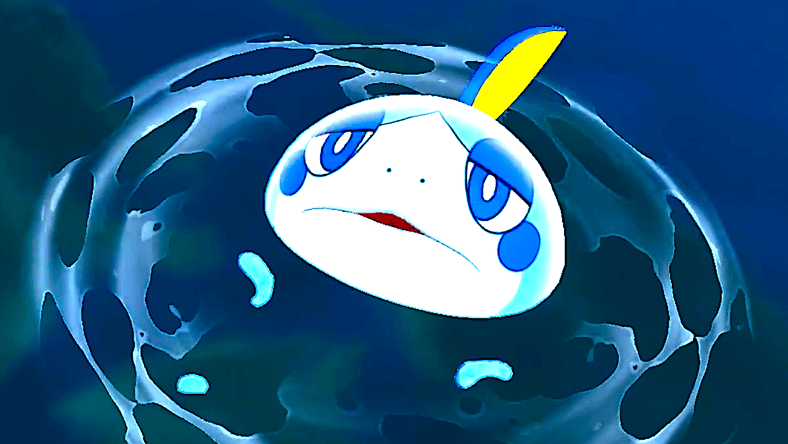 A Sobble emerges from the water in Pokémon Sword & Pokémon Shield (2019), Nintendo
