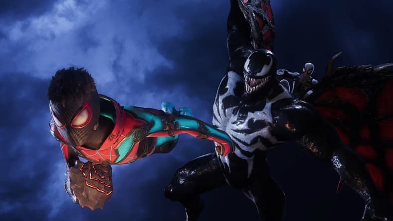 Venom (Tony Todd) takes a swing at Peter (Yuri Lowenthal) and Miles (Nadji Jeter) in Marvel's Spider-Man 2 (2023), Insomniac Games
