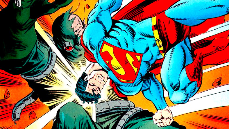 The battle for the ages between The Man of Steel and Doomsday has just begun in The Adventures of Superman Vol.1 #497 "Under Fire" (1992), DC Comics. Words by Jerry Ordway. Art by Tom Grummett, Doug Hazlewood, and Glenn Whitmore.