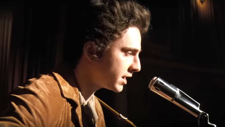Timothee Chalamet as Bob Dylan in A Complete Unknown (2024), Searchlight Pictures