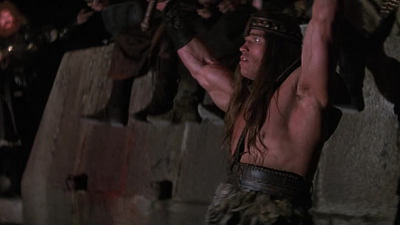 Here is your winner, Arnold Schwarzenegger, in Conan the Barbarian (1982), 20th Century Fox
