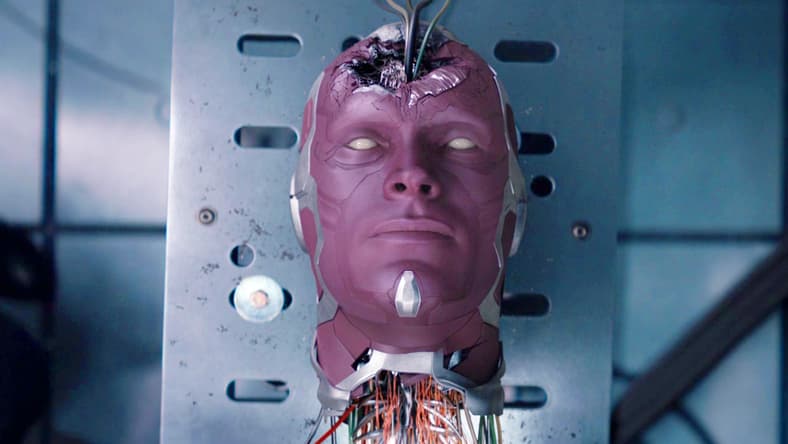 The Scarlet Witch (Elizabeth Olsen) discovers the Vision's (Paul Bettany) dismembered body is in S.W.O.R.D. custody in WandaVision Season 1 Episode 9 "The Series Finale" (2021), Marvel Entertainment