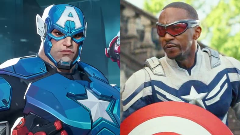Captain America (Brian Bloom) assembles The Avengers in Marvel Rivals (2024), NetEase / Sam Wilson (Anthony Mackie) lands ahead of his own sonic boom in Captain America: Brave New World (2025), Marvel Entertainment