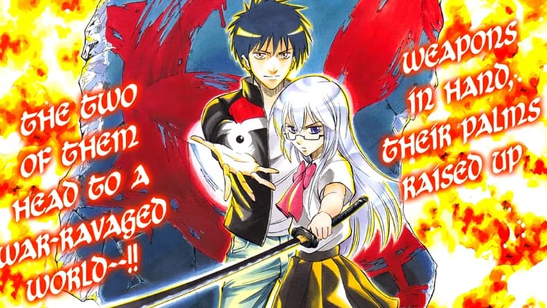 Ageha and Sakurako stand united on Toshiaki Iwashiro's color page to Psyren Chapter 112 "Survival" (2010), Shueisha