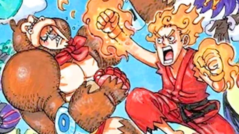 Frankie, as Donkey Kong, throws down with Luffy, as Ken Masters, on Eiichiro Oda's color spread to One Piece Chapter 1028 "Brachiojaurus" (2023), Shueisha