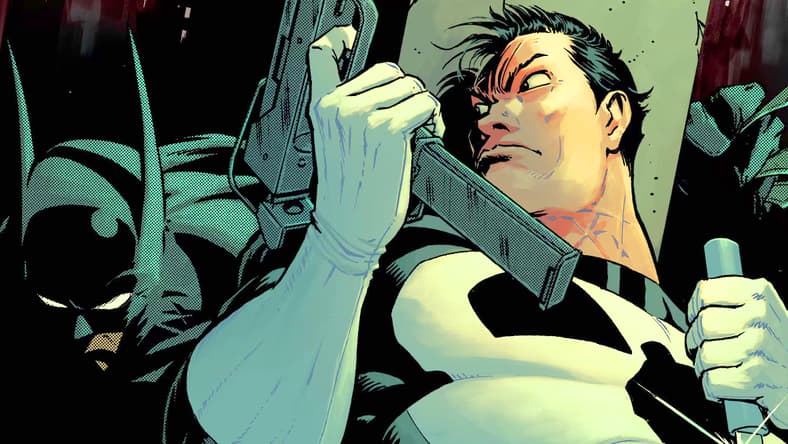The Punisher finds himself cornered by the Absolute Batman on Nick Dragotta's variant cover to Batman/Deadpool Vol. 1 #1 (2025), DC/Marvel Comics