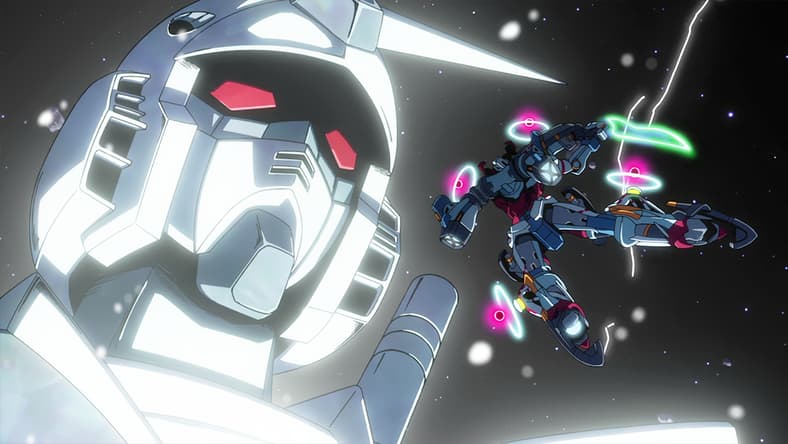 Machu (Tomoyo Kurosawa) seeks to stop Shuji (Shimba Tsuchiya) from destroying the past, present, and future in Mobile Suit Gundam GQuuuuuuX Episode 12 "This Is Why I..." (2025), Studio Khara