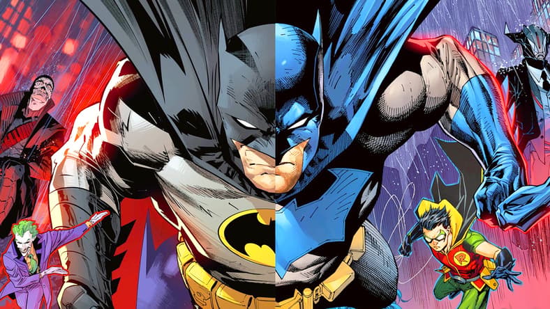 The Dark Knight flies into action on Jorge Jiménez (L), Jim Lee (R), Scott Williams, and Tomeu Morey's variant cover to Batman Vol. 4 #1 (2025), DC