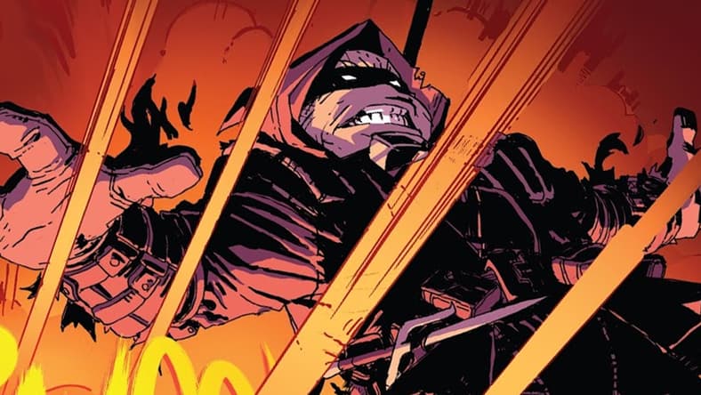 Michelangelo does his own 'Turtle Rocket Jump' in Teenage Mutant Ninja Turtles: The Last Ronin Vol. 1 #1 Wish for Death" (2020), IDW Comics. Words by Kevin Eastman, Peter Laird, and Tom Waltz, art by Esau Escorza, Isaac Escorza, Luis Antonio Delgado, and Samuel Plata.