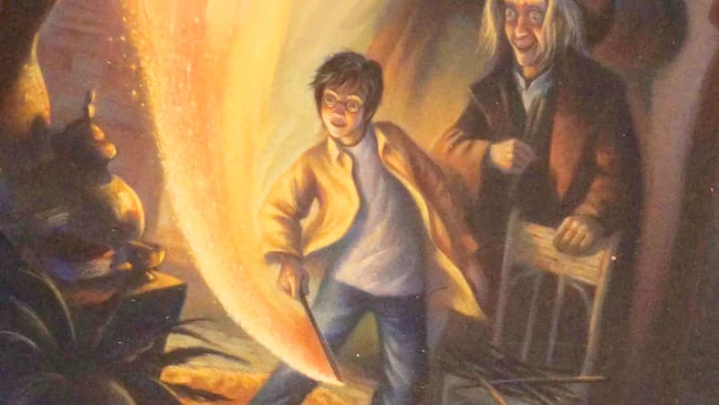 Harry Potter prepares to end the threat of Voldemort once and for all on Mary GrandPré's cover to the Scholastic School Edition of Harry Potter and the Sorcerer's Stone (1997), Scholastic