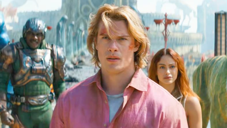 He-Man (Nicholas Galitzine) and Skeletor (Jared Leto) sets his first sights on Eternia in Masters of the Universe (2026), Amazon MGM
