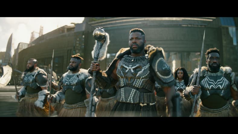 M'Baku (Winston Duke) prepares to lead Wakanda's troops into battle against Atlantis in Black Panther: Wakanda Forever (2022), Marvel Entertainment