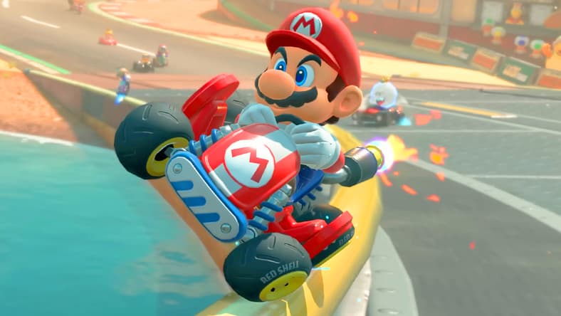 Mario (Kevin Z. Afghani) grinds a rail in Mario Kart World (2025), Nintendo