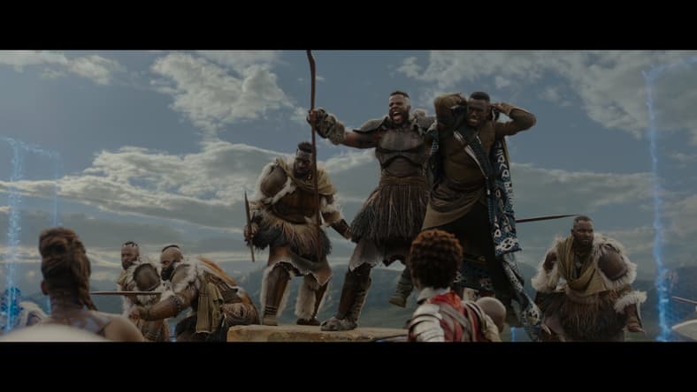 M'Baku (Winston Duke) gives a show of force to Killmonger's (Michael B. Jodran) rebels in Black Panther (2018), Marvel Entertainment