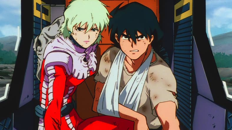 Shiro Amada (Nobuyuki Hiyama) and Aina Sahalin (Kikuko Inoue) are all that stand between Earth and total destruction in Mobile Suit Gundam: The 08th MS Team Episode 11 "The Shuddering Mountain, Part 2" (2001), Sunrise 