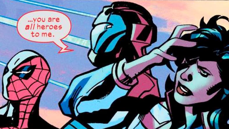 Doom, Spider-Man, Iron Lad, and America breach the barrier surrounding the Maker's City of Tomorrow in Ultimate Endgame Vol. 1 #1 (2025), Marvel Comics. Words by Deniz Camp, art by Jonas Scharf, Terry Dodson, Federico Blee, Edgar Delgado, and Cory Petit.