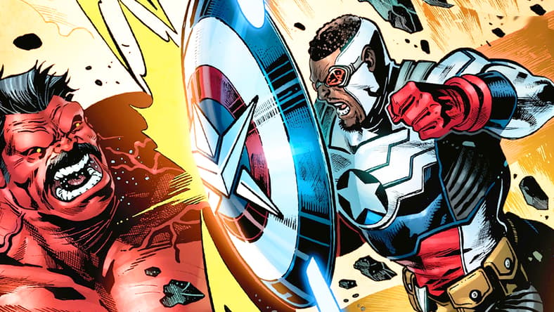 Sam Wilson defends himself against a surprise attack from the General Ross version of Red Hulk in Sam Wilson, Captain America Vol. 1 #1 "Better Angels, Part 1" (2025), Marvel COmcis. Words by Greg Pak, and Evan Narcisse, art by Eder Messias, Valentine De Landro, Fernando Sifuentes, and Joe Caramagna.