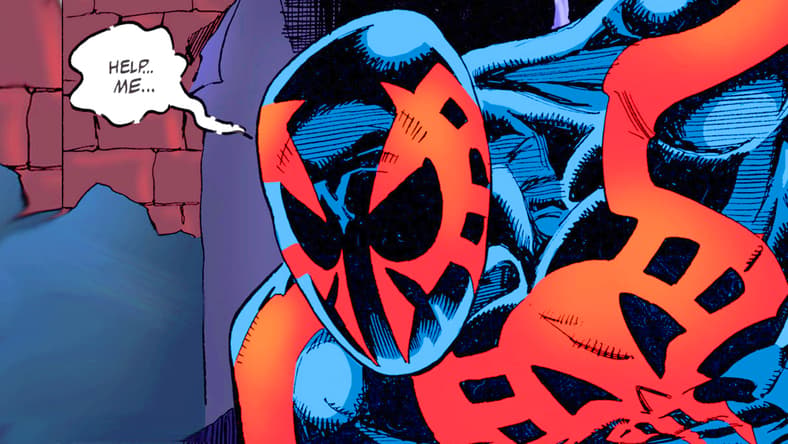 Miguel O'Hara stumbles through the sewers of Nueva York in Spider-Man 2099 Vol. 1 #6 "Downtown" (1993), Marvel Comics. Words by Peter David, art by Rick Leonardi, Al Williamson, Noelle Giddings, and Rick Parker.