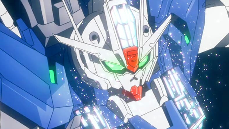 Eri (Kana Ichinose) pushes the Aerial Gundam Rebuild to block the ILTS in Mobile Suit Gundam: The Witch from Mercury Episode 23 "Unrelenting Tenderness" (2023), Bandai Namco Filmworks