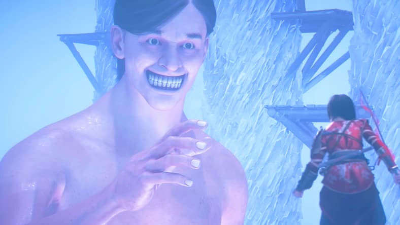 Gautwin's (TBA) Titan sets its sights on Naoe (Masumi Tsunoda) in Assassin's Creed Shadows x Attack on Titan (2025), Ubisoft