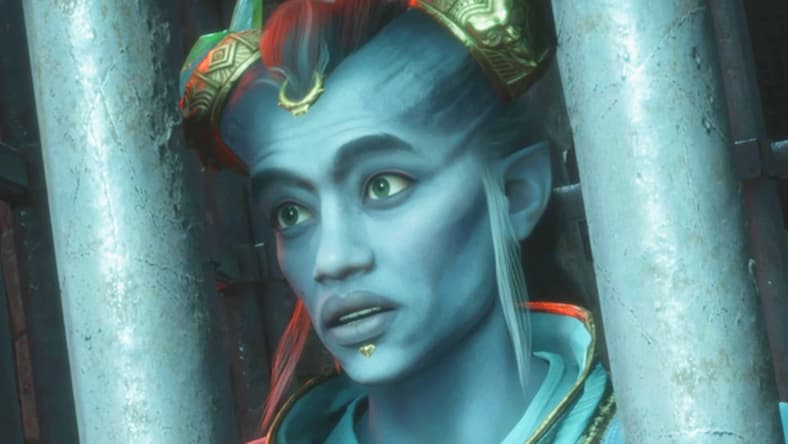 Taash (Jin Maley) is shocked to hear the Dragon King's (Michael-Leon Wooley) violent plans for her torture in Dragon Age: The Veilguard (2024), BioWare