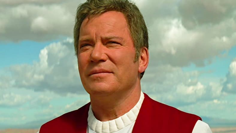 Captain Kirk (William Shatner) stands defiant against Tolian Soran (Malcolm McDowell) in Star Trek Generations (1994), Paramount Pictures