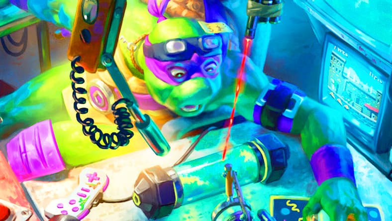 Donatello makes a shocking discovery about the Mutagen Ooze via Donatello, the Brains (Card #002), Magic: The Gathering - Teenage Mutant Ninja Turtles Eternal (2026) Wizards of the Coast. Art by Jason Rainville.