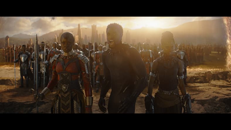 Black Panther (Chadwick Boseman), Shuri (Letita Wright) and Okoye (Danai Guerra) assemble in Avengers: Endgame (2019), Marvel Entertainment